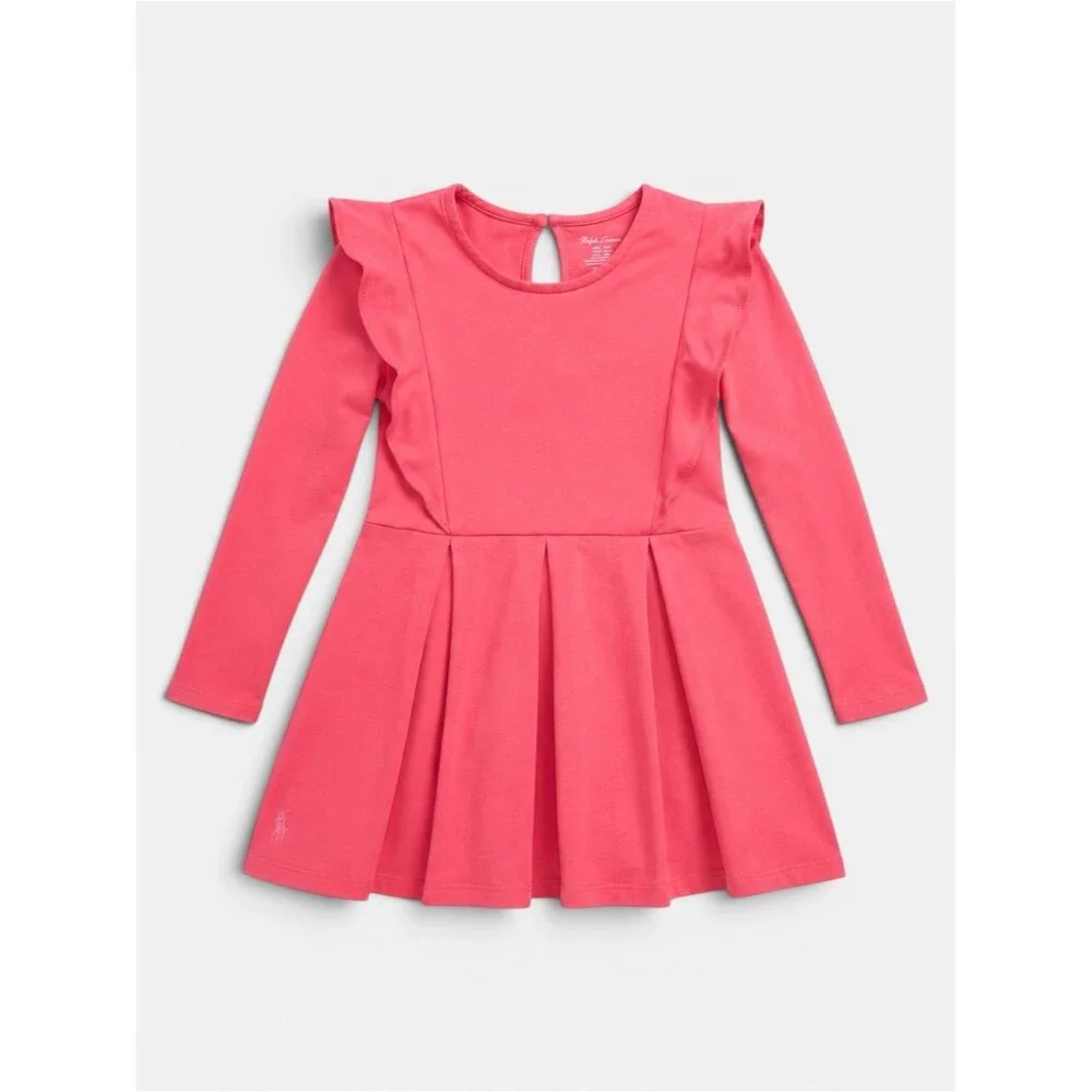 Ralph Lauren Coral Pink Long Sleeve Dress 24M Ruffle Shoulder Fit Flare Toddler